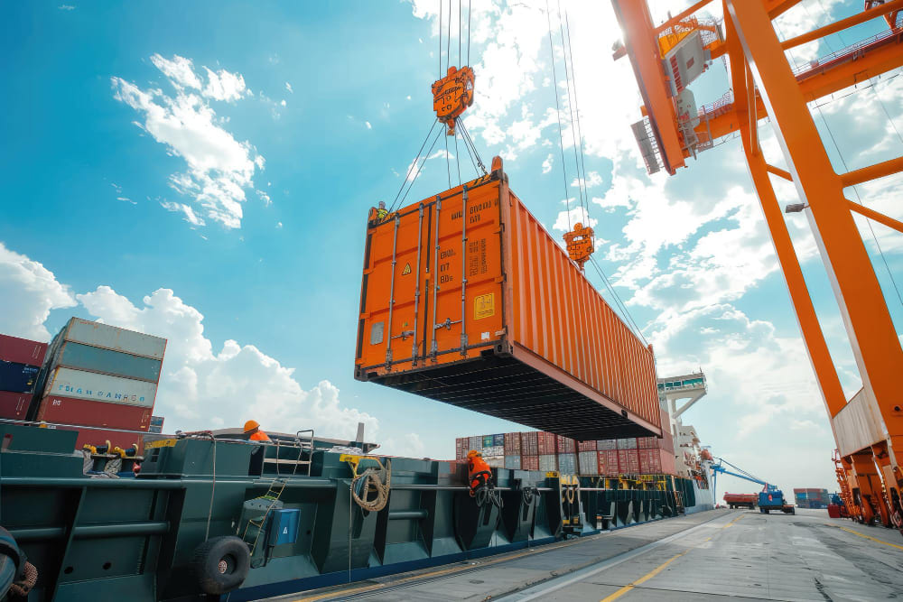 Contenedor de fruta subiendo al barco. Proceso de exportación