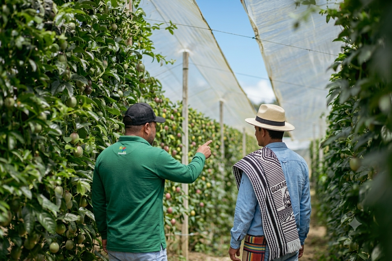 Cómo trabajamos en Prosagro Export con agrónomos y productores de gulupa en Colombia 3 Técnico agrónomo de Prosagro dando una asesoría a un productor aliado