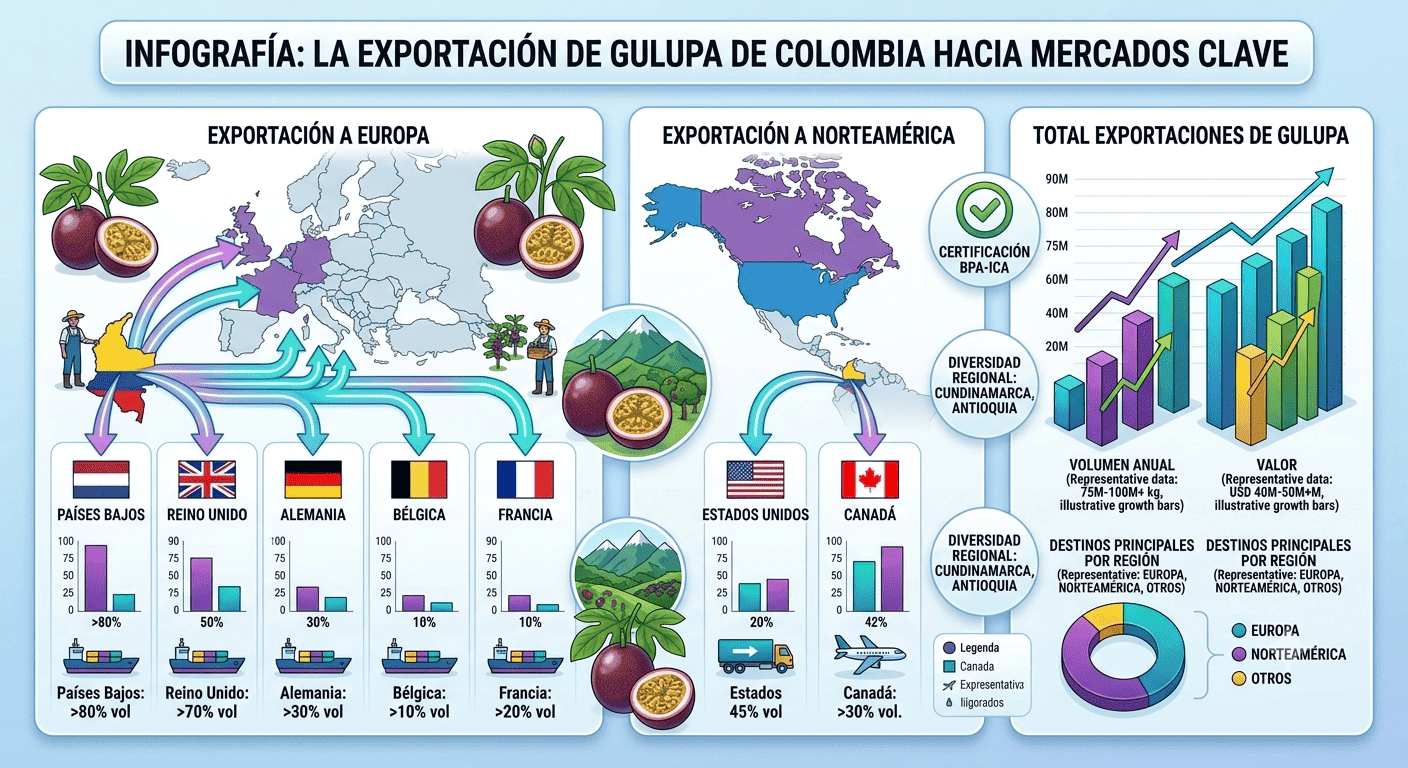 Infográfico sobre exportación de gulupa a mercados internacionales