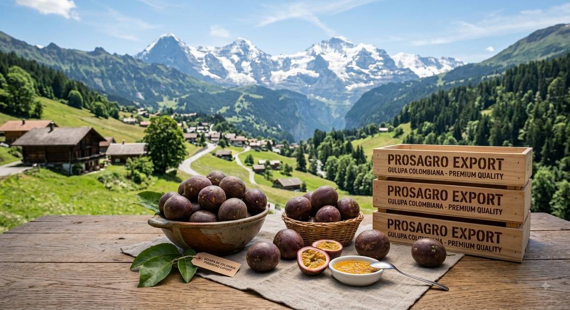 Por qué la gulupa colombiana de Prosagro Export llega a mercados internacionales exigentes 1 fruta gulupa que fue importada desde Colombia a Europa servida sobre una mesa