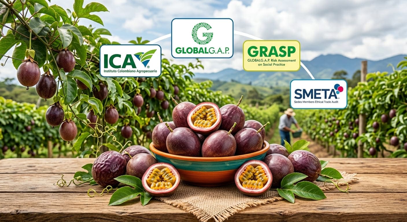 Foto de gulupa en un cultivo con las 4 certificaciones para exportación